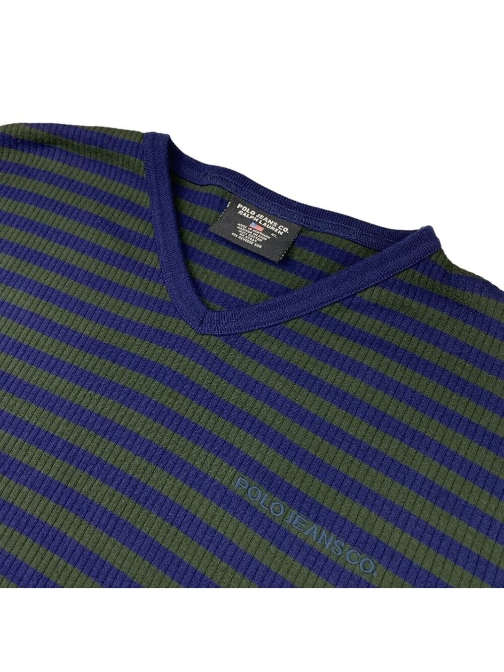 Polo Jeans Co RL Men's Knit Thermal V-Neck Sweater Navy/Green Stripe • XL